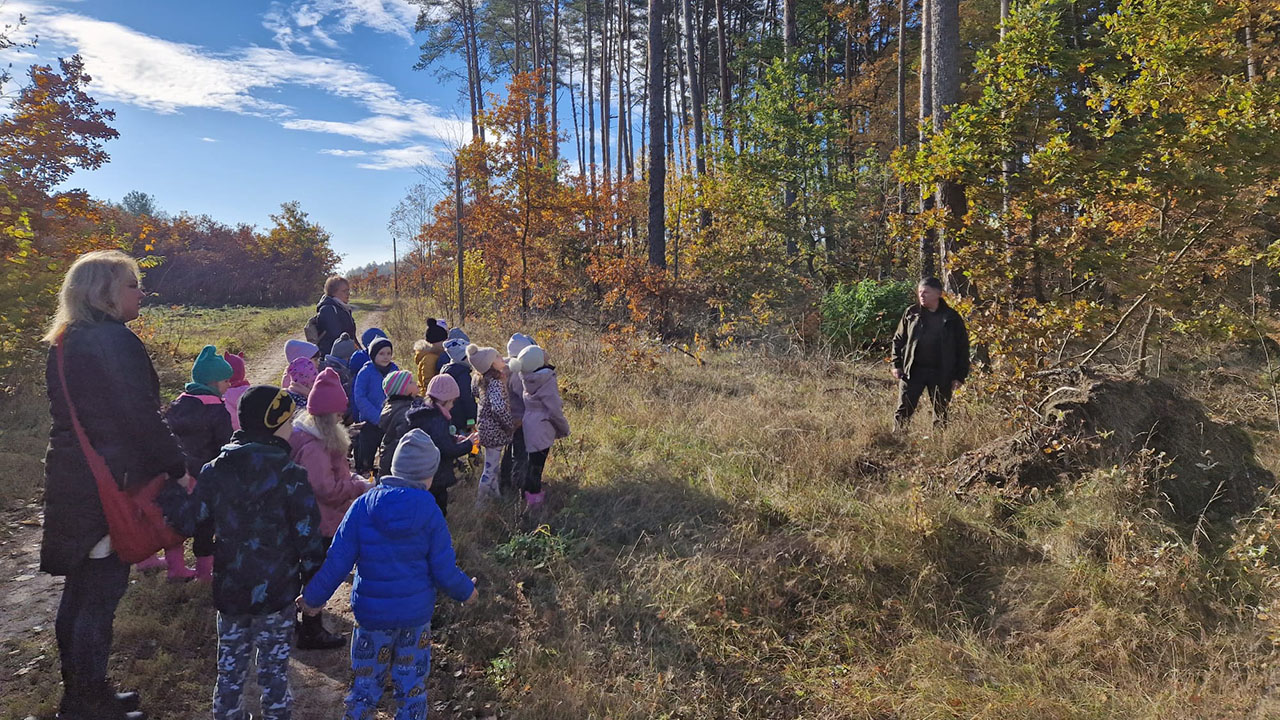 Grupa dzieci wraz z wychowawczyniami obserwuje system korzeniowy przewróconego drzewa wskazanego  przez leśniczego 