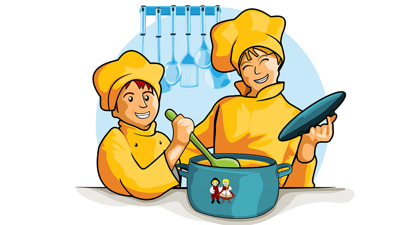 dwie postacie kucharki mieszają zupę w garnku